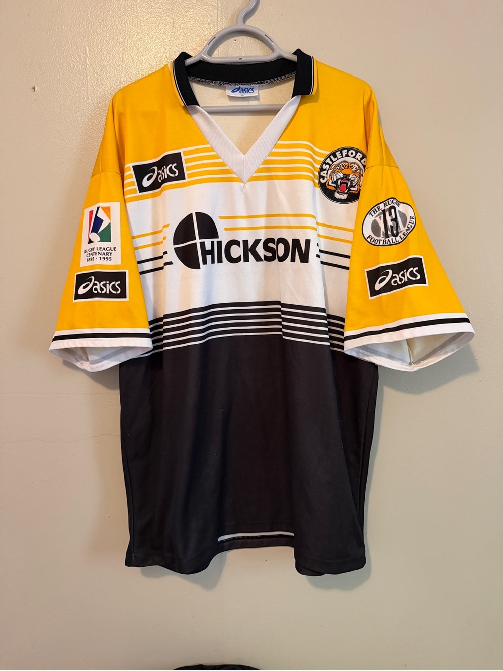 Vintage 90s XL Asics Yellow Black White Castleford Tigers Rugby Shirt